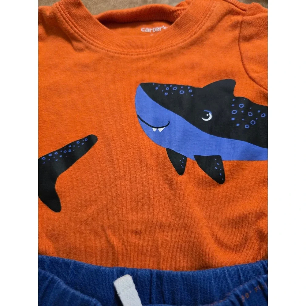 Carters Baby Boy shark lovers 4 Piece Set 9M Orange Shark Bodysuits Pants Shorts